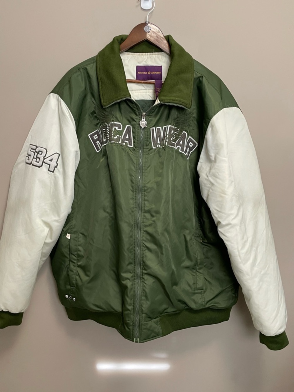 Rocawear Green & Cream Baseball Bomber Style Puffer Jacket Men’s 3XL